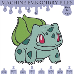 May include: Machine embroidery file design of a green and blue cartoon character with red eyes. The design is available in multiple sizes from 2 to 7 inches in height. The file formats available are EXP, DST, HUS, JEF, PES, VP3, SEW, and XXX.