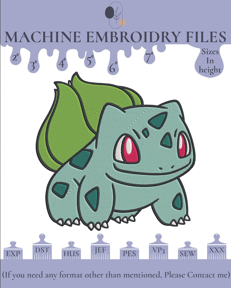 May include: Machine embroidery file design of a green and blue cartoon character with red eyes. The design is available in multiple sizes from 2 to 7 inches in height. The file formats available are EXP, DST, HUS, JEF, PES, VP3, SEW, and XXX.