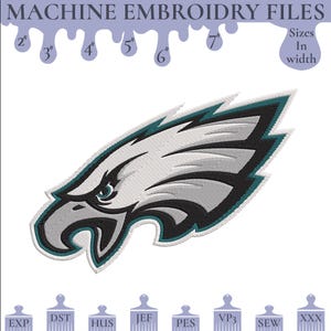 Peut inclure: Fichier de broderie machine représentant le logo des Philadelphia Eagles en turquoise, blanc et noir. Le motif est disponible en plusieurs tailles, de 5 à 18 cm de large. Les formats de fichiers incluent EXP, DST, HUS, JEF, PES, VP3, SEW et XXX.