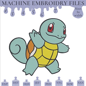 May include: Machine embroidery file design of a blue and yellow Squirtle Pokemon character. The design is available in multiple sizes from 2 to 7 inches wide. File formats include EXP, DST, HUS, JEF, PES, VP3, SEW, and XXX.