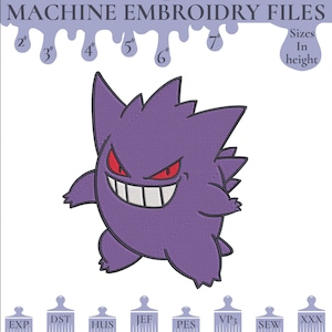 May include: Machine embroidery files featuring a purple cartoon character with a wide grin and red eyes. The design is available in sizes from 2" to 7" in height. The image includes the text "MACHINE EMBROIDRY FILES" and file format options.
