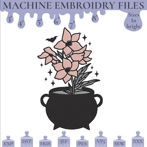 May include: Machine embroidery files for a cauldron with pink flowers and a bat. The files are available in the following formats: EXP, DST, HUS, JEF, PES, VP3, SEW, and XXX. The cauldron is 3 inches to 8 inches in height.
