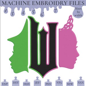 Puede incluir: Archivos de bordado a máquina para un diseño que presenta una letra W negra con una silueta verde y rosa a cada lado. El diseño está disponible en tamaños de 2 a 7 pulgadas de ancho. Los formatos de archivo incluyen EXP, DST, HUS, JEF, PES, VP3, SEW y XXX.