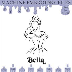 Bella Princess Outline Machine Embroidery design, 6 sizes, Instant Download