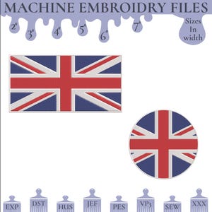 Op de afbeelding: Machine borduurpatronen met de Union Jack vlag in rechthoekige en cirkelvormige ontwerpen. Maten van 5 tot 18 cm breed. Bestandsformaten: EXP, DST, HUS, JEF, PES, VP3, SEW en XXX. De tekst luidt "MACHINE EMBROIDRY FILES".