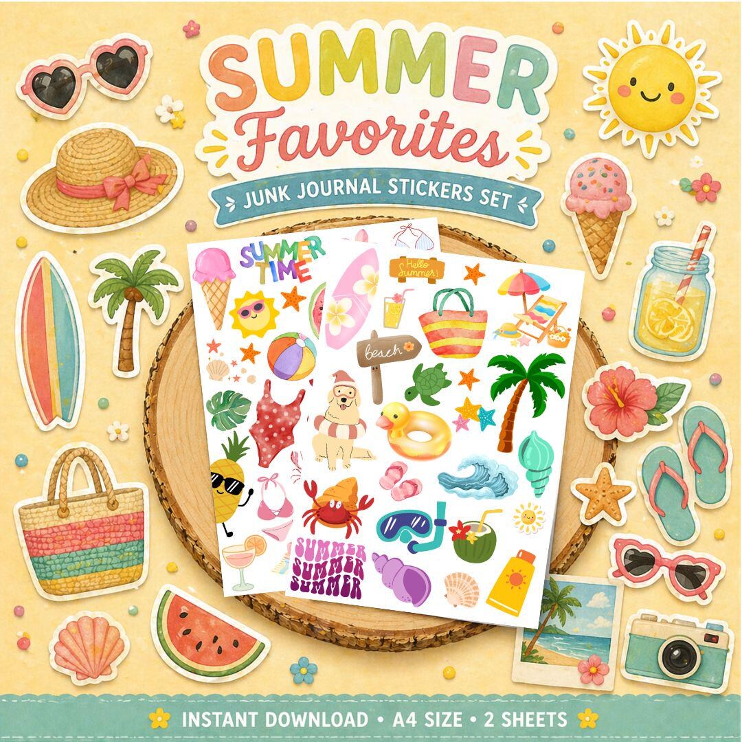 Summer Favorites Junk Journal Stickers Set, Beach Vacation Planner ...