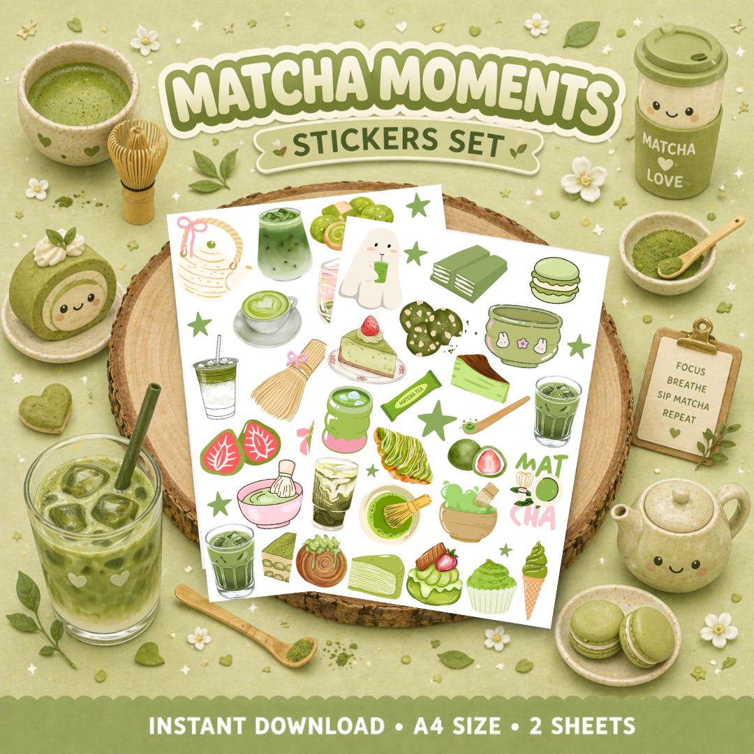 Matcha Moments Sticker Set, Kawaii Green Tea Planner Stickers (digital ...