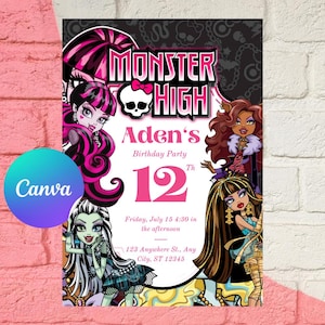 May include: A Monster High themed birthday party invitation. The invitation features illustrations of Monster High characters, the text "Monster High", "Aden's Birthday Party", and the number "12". The invitation also includes the date, time, and address.