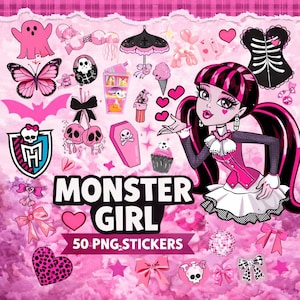 Può includere: Una collezione di 50 adesivi PNG a tema rosa e nero. Gli adesivi includono una ragazza dei cartoni animati, cuori, fiocchi, teschi, una bara e una farfalla. Il testo "Monster Girl" è ben visibile.