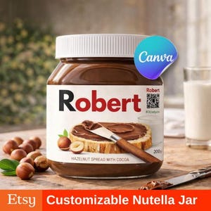 Etiqueta editável para pote de Nutella | Rótulo personalizado e editável | Modelo Canva, Etiqueta para pote de chocolate | Imprimível