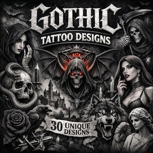 May include: A digital artwork with a gothic theme, featuring skulls, a grim reaper, a wolf, and a woman. The text "Gothic Tattoo Designs" and "30 Unique Designs" are displayed. The colour palette is primarily black and white with red accents.