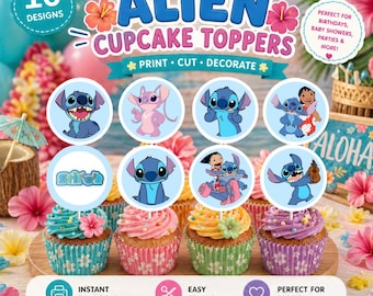 Adornos para cupcakes con temática de Stitch, decoración de cumpleaños, decoración imprimible para pasteles de fiesta, artículos para fiestas infantiles, descarga digital.