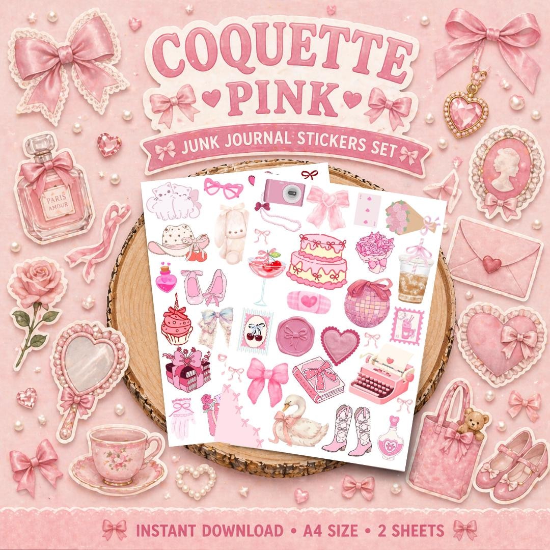 Coquette Pink Junk Journal Stickers Set, Romantic Bow Planner PDF ...