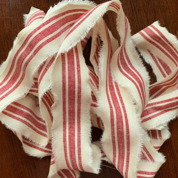 3 Yards Torn Frayed Red and cream Shirting Strips/Ribbon for Gift Wrapping and crafts for the Holidays