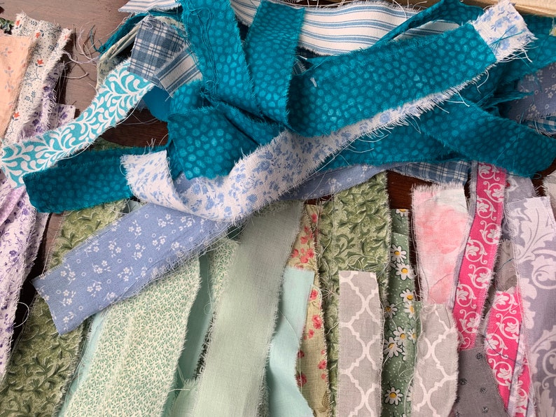 Two Bundles Collection of Hand Torn Fabric StripsRibbon for Journals Crafts Rag Ties etc snippet Roll Slow Stitch