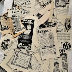 May include: A collection of vintage advertisements from the mid-20th century. The ads feature products such as hair removal lotion, headache relief, knitting yarn, and first aid for acid indigestion. The ads are printed on white paper with black and white illustrations.
