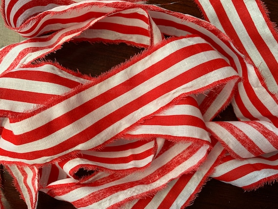 Red Candy Striped Torn Frayed Ribbon - Gift Wrap/crafts