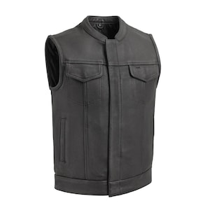 Hendon Men&#39;s Motorcycle Leather Vest | Club Style Biker Vest | Conceal Carry | Naked Cowhide | Black Leather Vest for Riders| USA Biker gift
