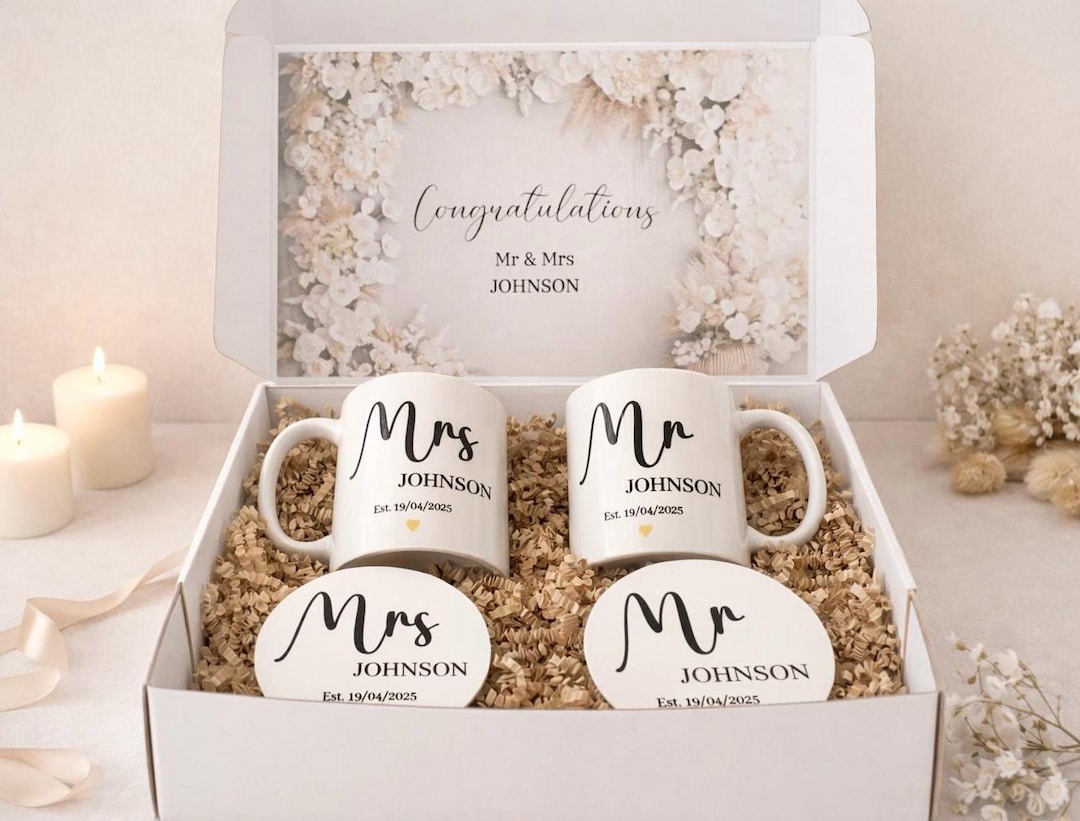 Personalized Wedding Mug and Coaster Set Newlywed Gift for Mr & Mrs ...