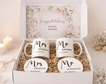 Personalized Wedding Mug and Coaster Set Newlywed Gift For Mr & Mrs