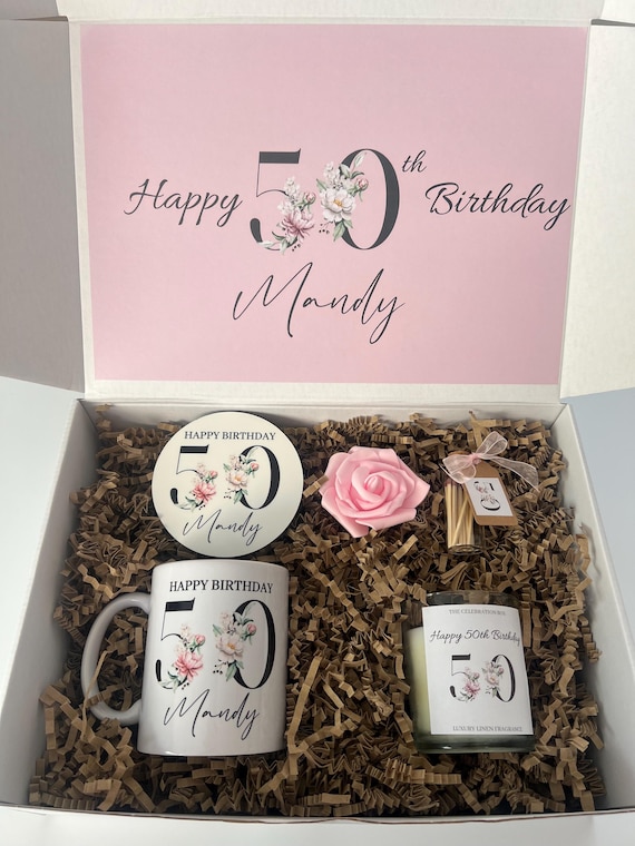 Personalized 50th Birthday Gift Box: Mug, Candle & Coaster
