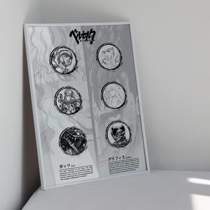 Può includere: Un poster in bianco e nero con il titolo "Berserk" in giapponese. Il poster presenta sei immagini circolari di personaggi della serie manga, tra cui Guts, Griffith e Casca. Il testo sotto ogni immagine descrive il personaggio in giapponese.