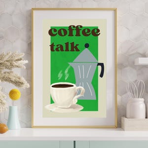 Coffee Talk Retro Kitchen Wall Art – Stampa poster vintage – Opera d'arte moderna di metà secolo con caffettiera moka – Arredamento da bar per gli amanti del caffè