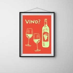Poster Vino – Stampa artistica retrò con vino – Divertente decorazione da parete per cucina o bar – Illustrazione di bottiglie e bicchieri di vino rosso e giallo