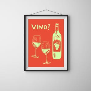 Wijnliefhebber Digitaal kunstwerk, Vino? – Gedurfde digitale kunst met wijnglazen en fles op rode achtergrond, afdrukbare kunst