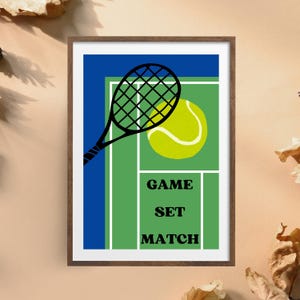 Game Set Match Tennis Poster – Bold Sports Wall Art, Green Court Print with Racket & Ball, Gift for Tennis Players, Athletic Decor
