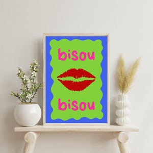 Poster Bisou / Arte murale chic verde e blu con labbra rosse / Stampa estetica francese