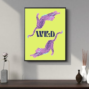 Poster di leopardo selvatico - Arte murale della giungla gialla audace, stampa di animali del safari, illustrazione di due leopardi, arredamento boho moderno, stampa artistica di un grande felino