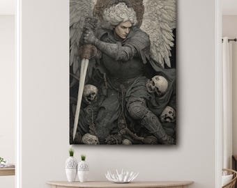 大天使戦士のキャンバスプリント、黒のゴシックエンジェルのウォールアート（家の装飾用）