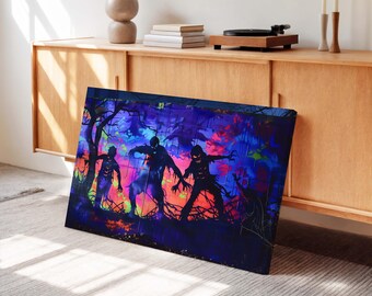 Neon Zombie Silhouette Canvas Wall Art : Spooky Gothic Room Decor