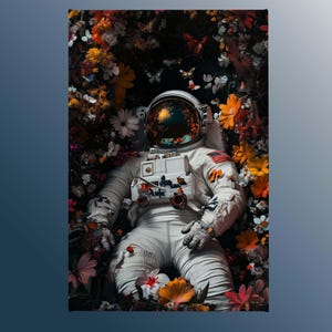 Astronaut Surrounded by Colorful Flowers Canvas Wall Art