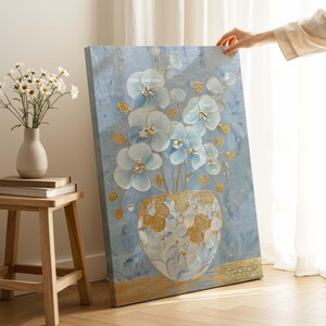 Elegante Chinoiserie Blumen Leinwand Druck - Blaue Gold Blumen Wand Kunst - Eingangsbereich Dekor