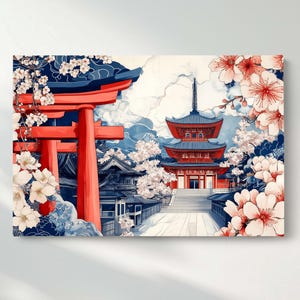 Japanese Pagoda Canvas Wall Art, Torii Gate Canvas Print, Sakura Temple Canvas Wall Decor, Ready to Hang