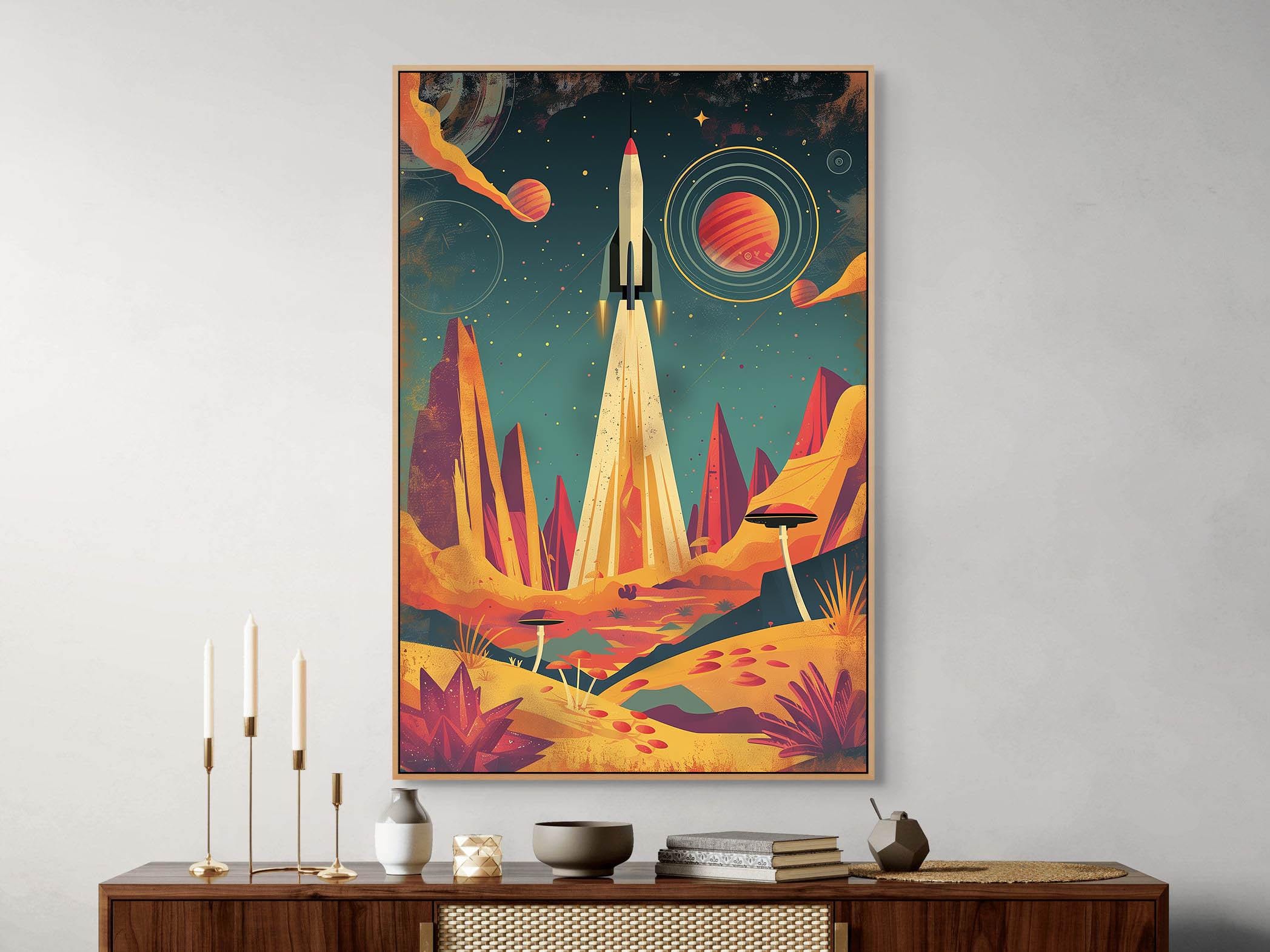 Retro Rocket Canvas Print, Orange Teal Planet Wall Art - Etsy
