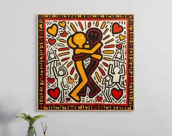Toile imprimée « Amoureux enlacés », décoration murale pop art rouge et jaune