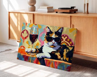 Impressão em tela de gato preto, arte de parede colorida em estilo pop art com animais para decoração de casa.