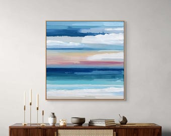 Cuadro abstracto costero en lienzo: estampado texturizado de horizonte oceánico para la decoración de casas de playa.