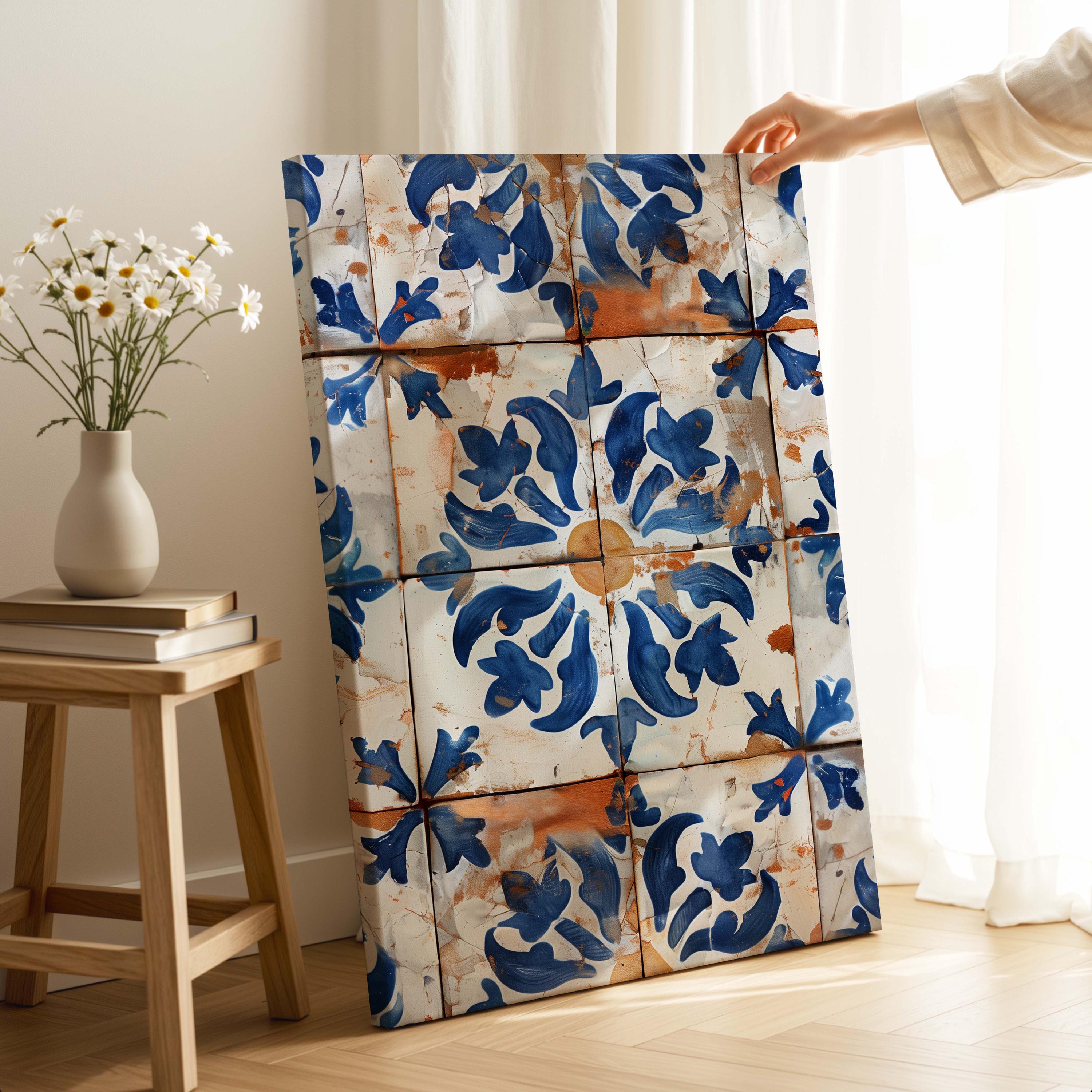 Mediterranean Tile Canvas Wall Art : Blue Floral Pattern Room