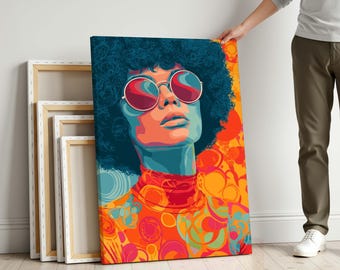 Lienzo impreso con diseño de mujer afro con gafas de sol - Arte mural de retrato psicodélico - Decoración vibrante para apartamentos