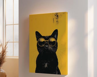 黒猫サングラス キャンバスプリント - 大胆な黄色の動物ウォールアート - 鮮やかなペットデコレーション