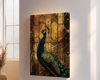 Golden Peacock Canvas Wall Art : Elegant Art Deco Room Decor