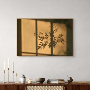 May include: A rectangular wall art piece in a light wood frame featuring a photograph of a golden-toned wall with the dark, sharp shadow of a leafy plant and window pane lines cast across the surface, displayed above a wooden sideboard.