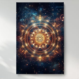 Sacred Geometry Wall Art, Golden Cosmic Canvas Print, Ready to Hang