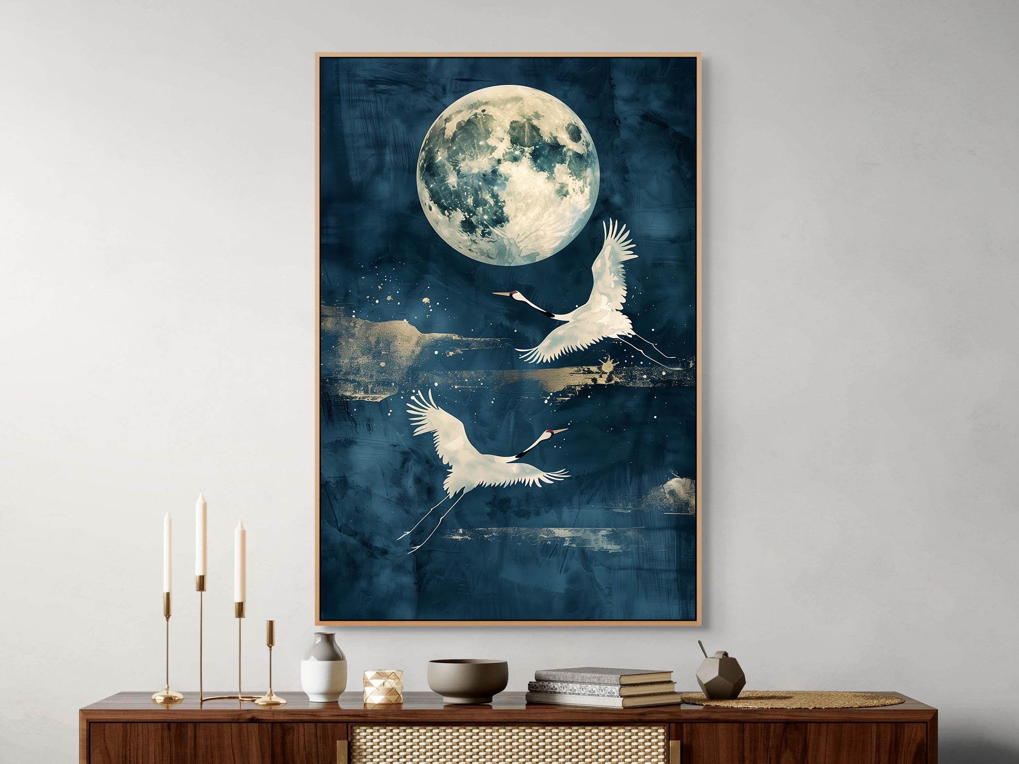 Moonlight Cranes Canvas Wall Art : Tranquil Night Sky Room Decor