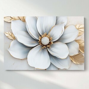 White Magnolia Flower Canvas Wall Art, Elegant Floral Canvas Print, Gold Accent Canvas Wall Decor, Ready to Hang