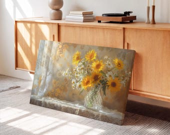 Sunflower Bouquet Canvas Print, Yellow Floral Still Life Wall Art for Home Decor